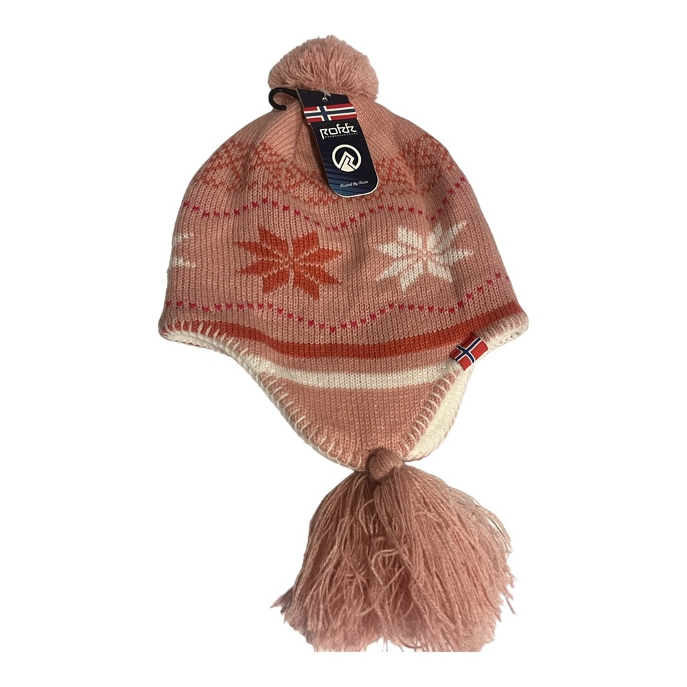 Rokk Norwegian Fair Isle Knit Beanie Pink Fleece Lined Ear Flap Winter Hat Adult